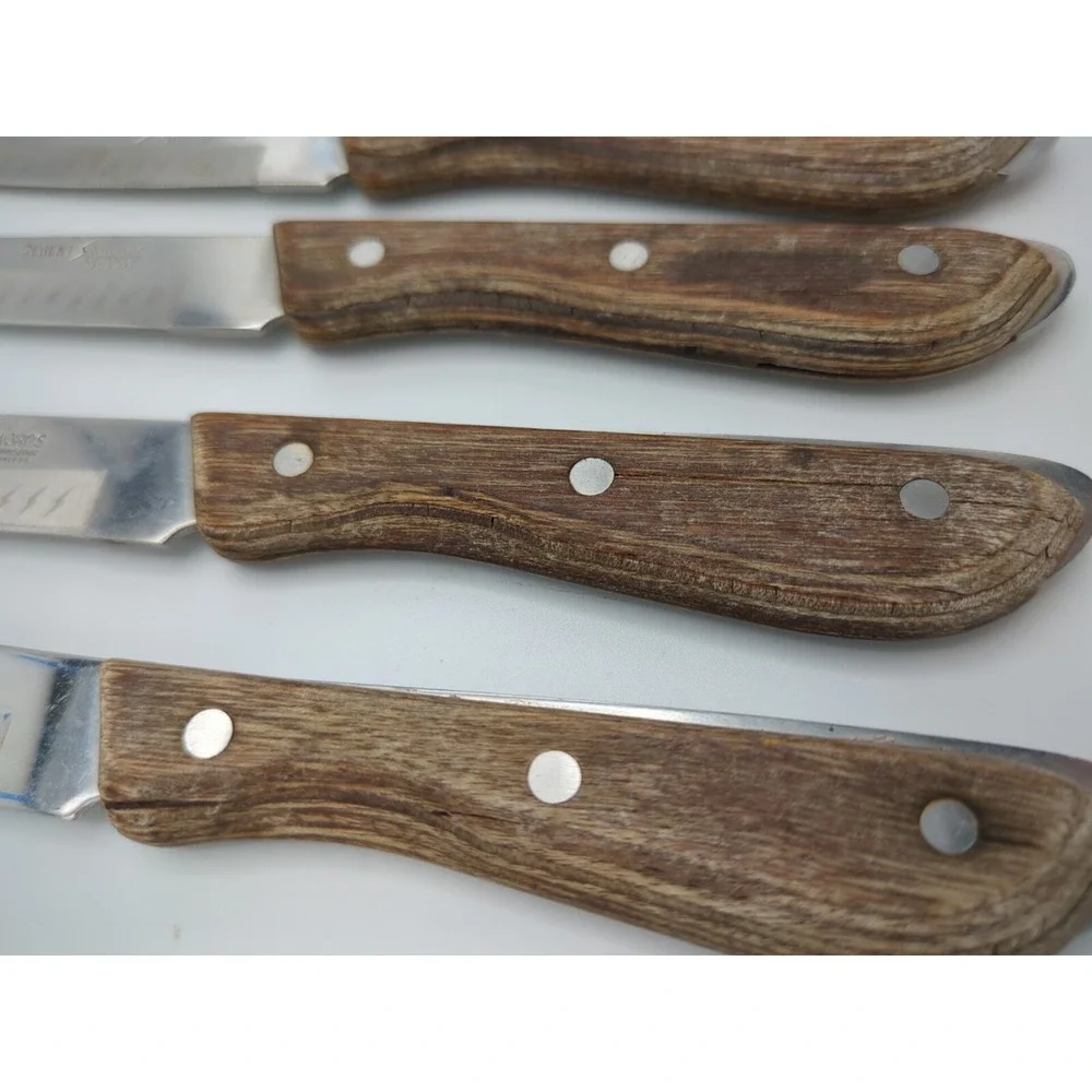 Vtg 5 Regent Swords Lightning Japan‎ SS Steak Knives Full Tang Wood Handle READ